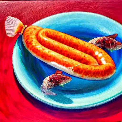 Prompt: oil on canvas, half fish half sausage on a plate. sausage with the fins of a fish