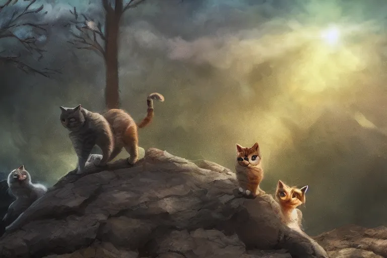 Prompt: cat standing on a rock in front of a crowd of cats, backlighting, digital art, trending on pixiv, fanart