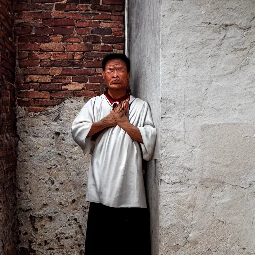 Prompt: a ultra high resolution photo a tai warrior, 4 0 years old, standing in traditional costume. he is standing with his head pressed on the old white brick wall in a narrow alleyway. he is crying. the light is dim, and the colours are muted.