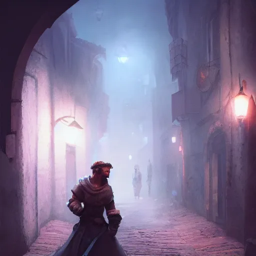 Image similar to huggy wuggy from poppy playtime video game sneaking through the streets of a medieval village at night, glowing lights, oil painting, Greg Rutkowski, Charlie Bowater, Beeple, unreal 5, DAZ, hyperrealistic, octane render, RPG portrait, dynamic lighting, fantasy art, beautiful face