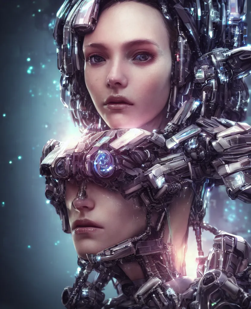 Prompt: close-up macro portrait of the face of a beautiful cyberpunk girl with mecha, epic angle and pose, ribcage skeleton symmetrical artwork, 3d with depth of field, blurred background, cybernetic machine female face, translucent, nautilus, energy flows of energy. a highly detailed epic cinematic concept art CG render. made in Maya, Blender and Photoshop, octane render, excellent composition, cinematic dystopian brutalist atmosphere, dynamic dramatic cinematic lighting, aesthetic, very inspirational, arthouse, Greg Rutkowski, Ilya Kuvshinov, WLOP, Stanley Artgerm Lau, Ruan Jia and Fenghua Zhong