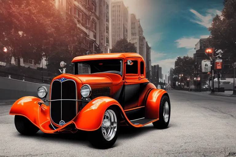 Image similar to a beautiful lowbrow pop art illustration of a 1 9 3 0 model a ford hot rod, red, orange and black with the motor exposed driving down a busy street in chicago, 8 k resolution, whimsical, octane render, detailed painting, by jasmine becket - griffith and danny flynn