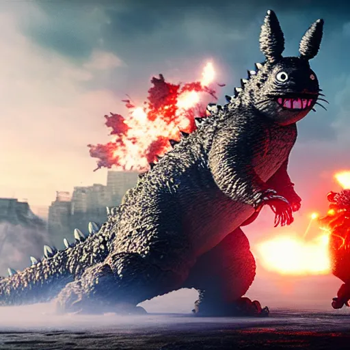 Prompt: cinematic photo of Totoro fighting Godzilla in Tokyo, cinematic, unreal engine, epic, explosions,