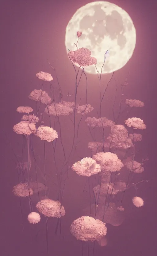 Prompt: flowers under the moonlight, vintage soft render, volumetric lighting, 3d grainy aesthetic illustration, editorial magazine cover