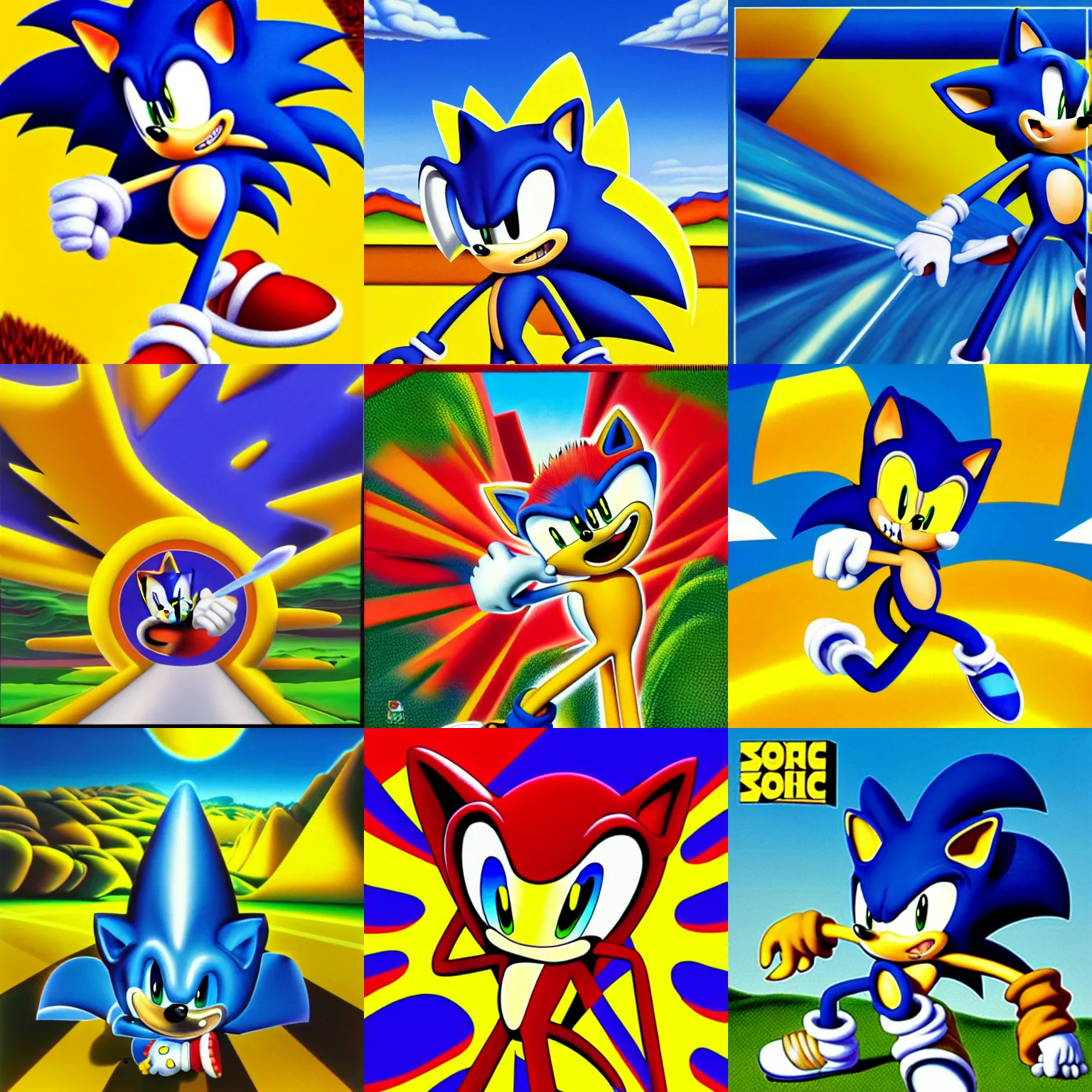 Prompt: surreal, sharp, detailed professional, high quality airbrush art album cover of a sonic the hedgehog, yellow checkerboard landscape, 1990s 1992 style of John Kricfalusi, Sega Genesis box art