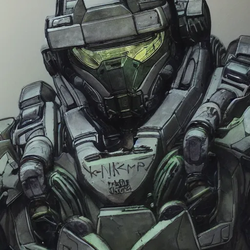 Prompt: a highly detailed portrait of master chief, drawn by yoji shinkawa, sci fi art, trending on artstation