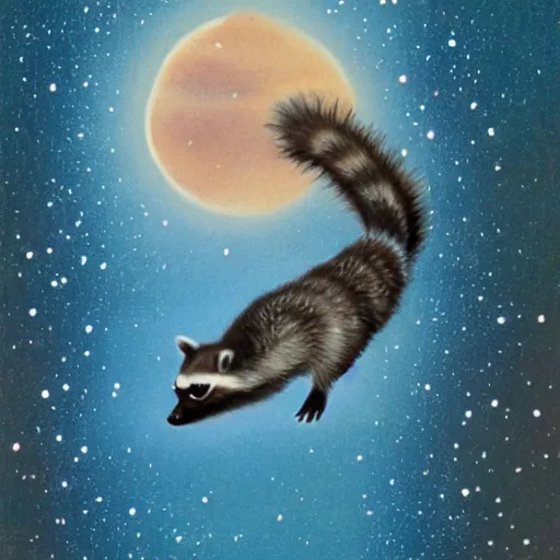 Image similar to raccoon flying through the cosmos