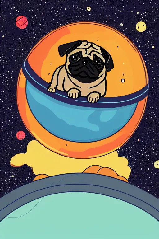 Prompt: planet pug floating in space, art by iktor miller gausa, sticker, colorful, illustration, highly detailed, simple, smooth and clean vector curves, no jagged lines, vector art, smooth