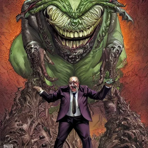 Prompt: a monstrous demon in an expensive three piece suit, with a gigantic mouth that is open - wide as it approaches a lush green utopian city, intricate, elegant, highly detailed, smooth, sharp focus, detailed face, high contrast, graphic novel, art by ardian syaf and pepe larraz,