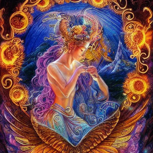 Prompt: goddess by josephine wall, sitting on flying golden ram, checking her phone, erupting volcano in distance, flowers in foreground, sun setting on right side of image, stars in sky on left side of image, trending on artstation, fantasy, intricately detailed