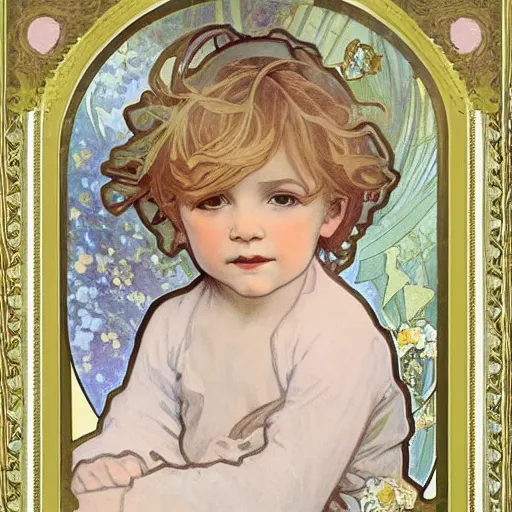 Image similar to art nouveau painting by Alphonse Mucha of a little boy with blonde hair and a round cherubic face. The painting is framed by flowers. Soft, muted colors, dreamy aesthetic.