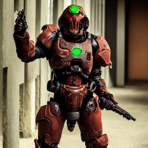 Image similar to doom slayer from doom eternal cosplay, photography, 9 0 s