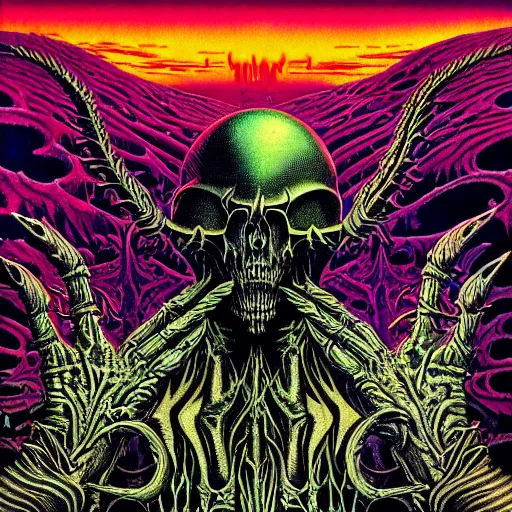Image similar to thrash metal album cover in the style of roger dean, realistic, sharp focus, 8k high definition, insanely detailed, intricate, elegant, art by virgil finlay and philippe druillet