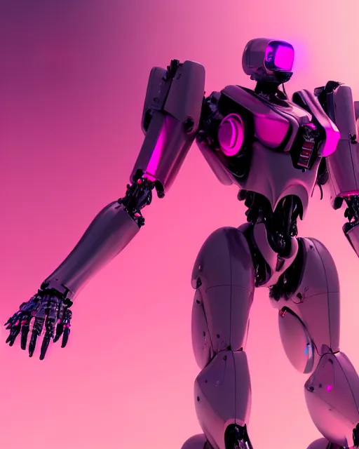 Prompt: hyperrealistic 3d render mecha iridescent pink concept art vray ute osterwald de chirico sharp cinematic very moody light 8k low angle shallow depth of field