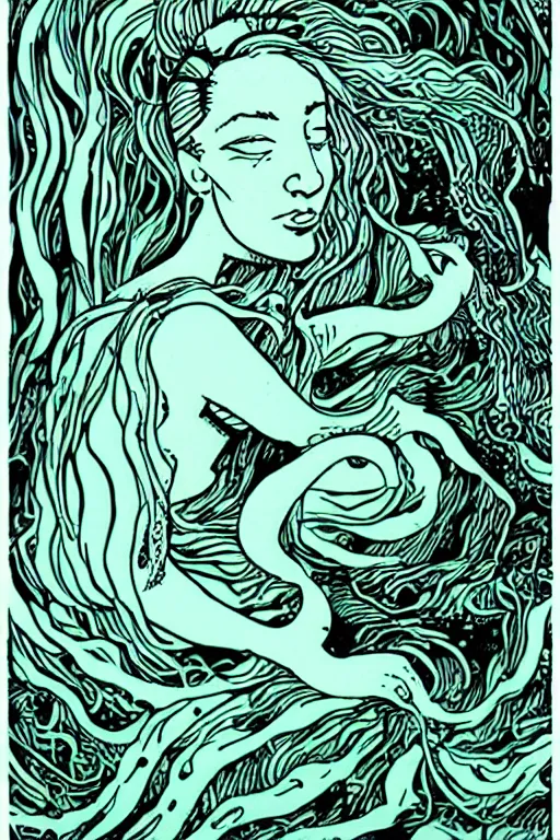 Prompt: portrait of a mermaid in kelp by MCBESS, colour print