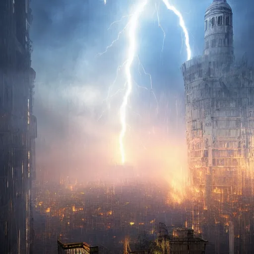 Image similar to a destroyed 1 9 0 0 city with a big tower in the middle covered in mist, lightning bolts hitting and exploding the buildings, 4 k, by michal karcz