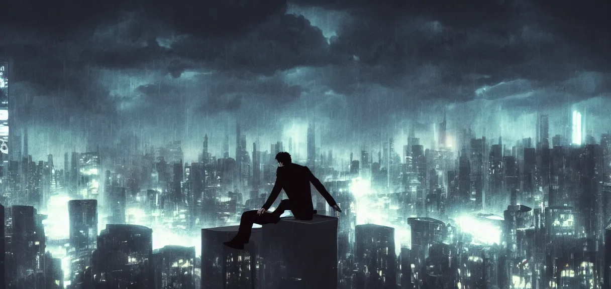 Prompt: shot of the roof with single man sitting on the edge during rain, below impressive cyberpunk night city during great rainy storm with lightning, nightscape, futuristic architecture, realistic photo, neons, blade runner, akira style, cinematic lighting, cinematic angles