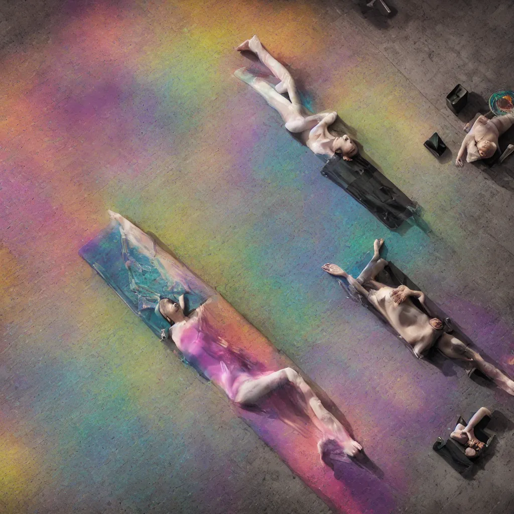 Image similar to overhead view of iridiscent oil slick and weird machines in wax with a woman's corpses with transparent pipes to a baby buried relaxing on yoga mat, faded, multicolored gradient, fog, smoke, depth of field, ultra realistic, very detailed, glitch, by nadav kander, matthew barney, 8 k hyper realistic detailed cinematic