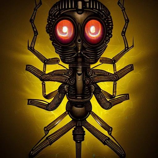 Prompt: beautiful painting of the benevolent spirit of lightbulbs surrounded by mechanical fireflies in the style of Welder Wings and H. R. Giger. Dark background, detailed, trending on Artstation