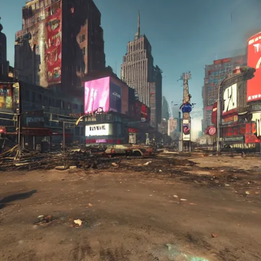 Prompt: Times Square in ruins post-nuclear war in Fallout 4, in game screenshot
