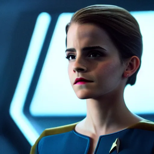 Image similar to Emma Watson in Star Trek, XF IQ4, f/1.4, ISO 200, 1/160s, 8K, Sense of Depth, color and contrast corrected, NVIDIA NGX, Dolby Vision, symmetrical balance, in-frame