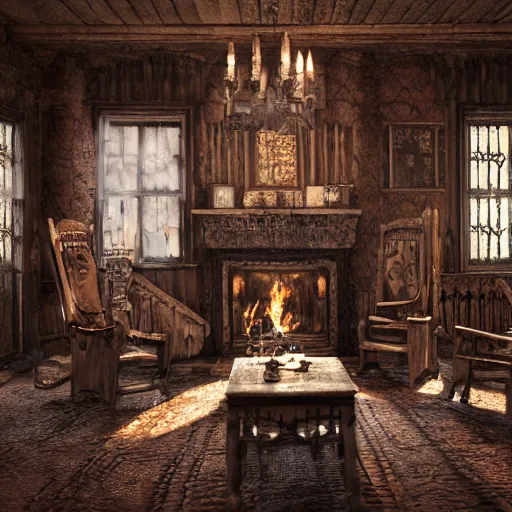 Prompt: a highly detailed realistic old world gothic cottage interior with fireplace, wooden chairs, leather chairs, old wood, night, warmth, photorealistic, insanely detailed and intricate, epic, volumetric haze, hyper realistic, elegant, ornate, elite, horror, creepy, ominous, haunting, cinematic lighting, metal plate photograph, orange, unreal engine, symmetrical, cinematic centered camera, high detail by Isaac Levitan, Frederic Church and Vasily Perov