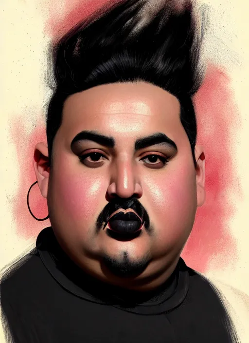 Image similar to portrait of a plump latino man with a crooked nose and a confident expression, 1 9 6 0 s, black clothes, goth, punk, brightly coloured hair, funk, intricate, elegant, highly detailed, digital painting, artstation, concept art, smooth, sharp focus, illustration, art by wlop, mars ravelo and greg rutkowski