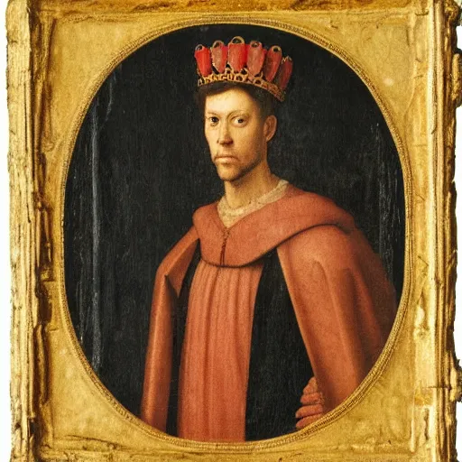 Prompt: a renaissance style portrait of Camelus dromedarius wearing a crown and a cape, dark background