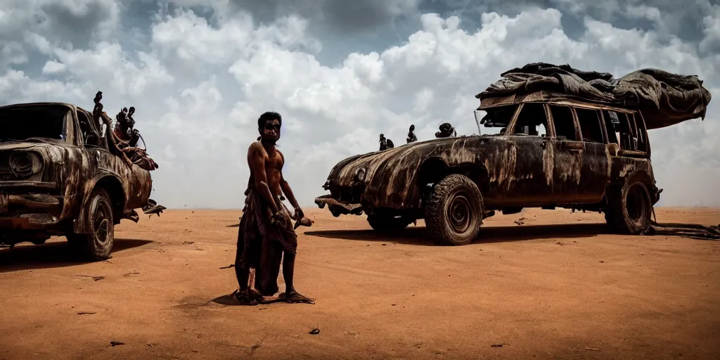 Image similar to sri lankan mad max style, film still, epic shot cinematography, rule of thirds