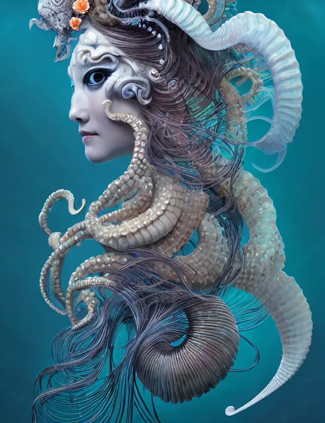 Image similar to 3 d goddess nautilus half - turn portrait with long hair with ram skull. beautiful intricately detailed japanese crow kitsune mask and clasical japanese kimono. betta fish, jellyfish phoenix, bio luminescent, plasma, ice, water, wind, creature, artwork by tooth wu and wlop and beeple and greg rutkowski