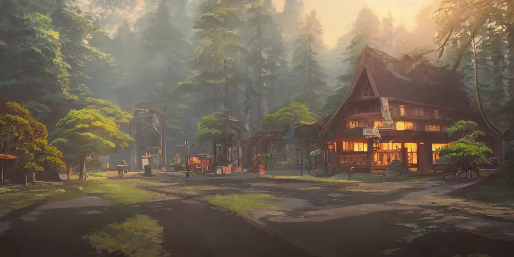 Image similar to The town of Honeywood, forest, cinematic angle, studio Ghibli, cinematic lighting, detailed oil painting, hyperrealistic, 8k