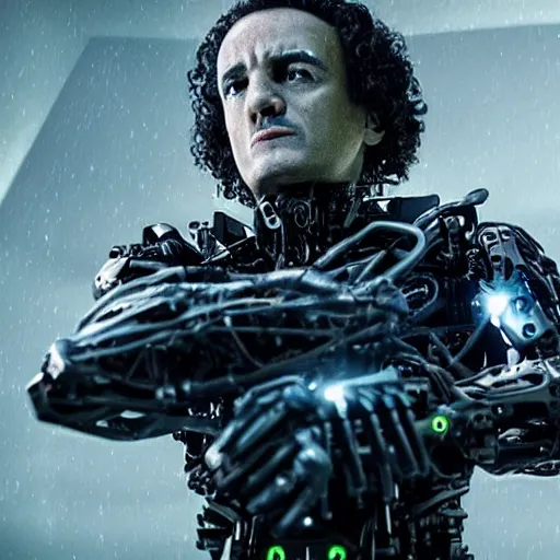 Image similar to movie still of a villain cyborg, facial expression, cinematic composition, cinematic light, by edgar allan poe,