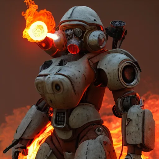 Image similar to a soldier wearing a full set of hellfire advanced power armor and holding a flamethrower, 3 d render, octane, ray tracing, ultra detailed, photorealistic, high resolution, 8 k