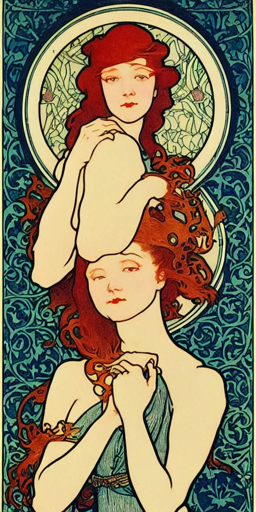 Prompt: redhead woman with hands in hips, poster in the style of verneuil, mucha, henri gillet, william morris, john henry dearle, audrey kawasaki, james jean, victo ngai, mucha, odilon redon, gaston bussiere, felicien rops, eugene grasset, janis rozentals