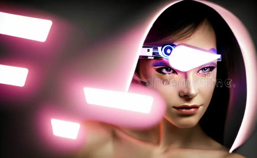 Image similar to medium shot flash photography, photograph of incredibly beautiful and alluring futuristic female cyborg looking into camera. sharp focus, technology, stock photo H 1216