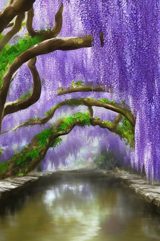 Prompt: wisteria forest with a narrow purple river flowing through it. digital painting. trending on artstation.