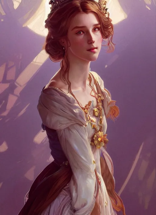Prompt: portrait of a full body of young beautiful female princess, d & d, baroque dress, flat lighting, intricate, highly detailed, digital painting, artstation, concept art, smooth, sharp focus, illustration, art by simon bisley and greg rutkowski and alphonse mucha, natural tpose