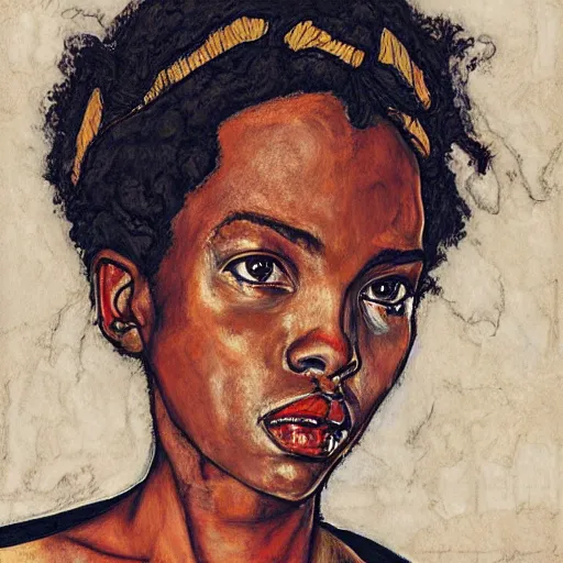 Image similar to portrait of lauryn hill by egon schiele in the style of greg rutkowski