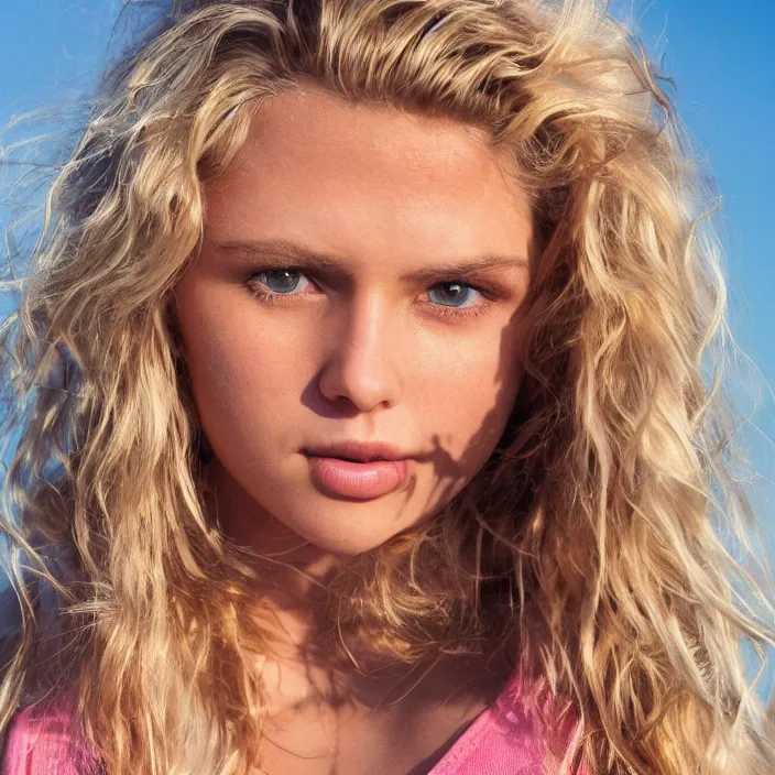 Image similar to portrait photograph of an extremely beautiful!!!! young female , symmetric face!, symmetric round detailed eyes!!, Wavy tinted blonde hair! slight smile, natural light, at a Manhattan beach during golden hour. looking at the camera!!. pink bikini. super resolution. Extremely detailed. Graflex camera!, bokeh!!!!! trending on artstation.