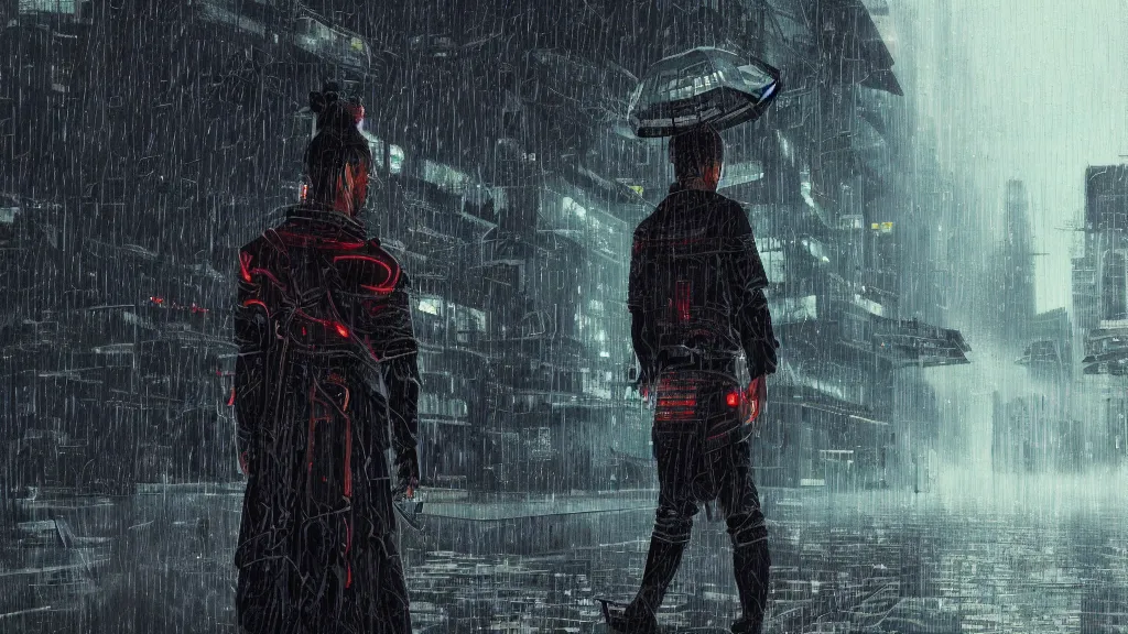 Image similar to a samurai in a cyberpunk world, raining, digital art, photorealistic, 4k, reflections,