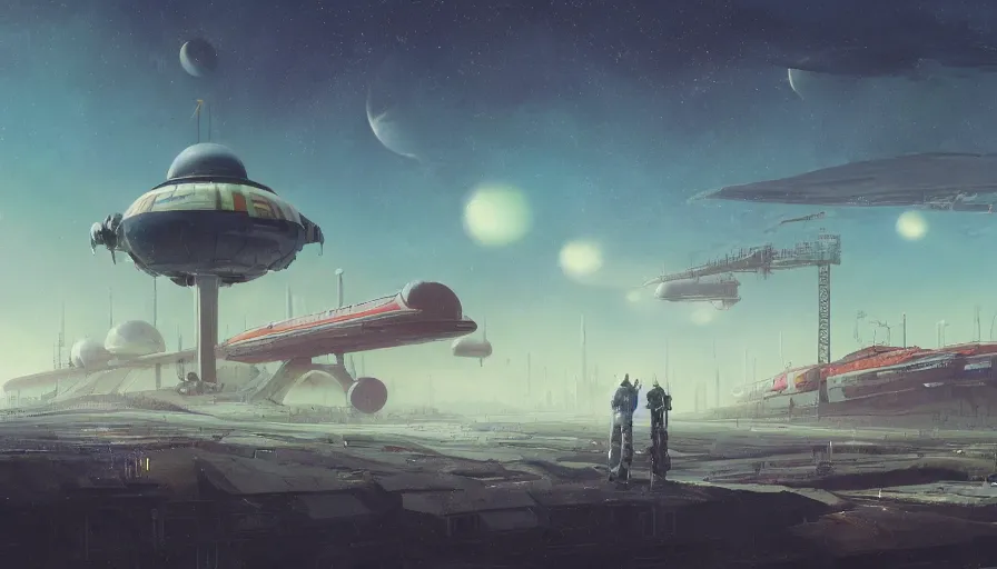 Image similar to a beautiful matte painting of a flying science fiction space ship over the old soviet city simon stalenhag and alan bean, trending on artstation, realistic rendering