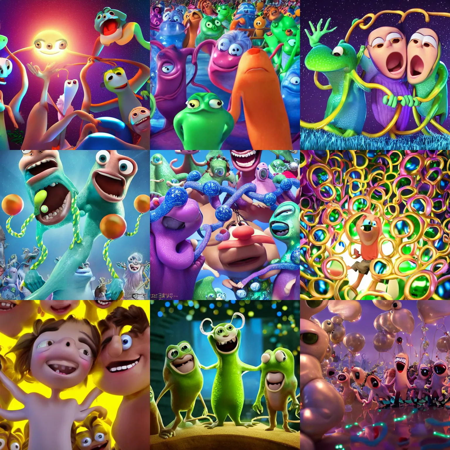 Prompt: people intertwined with each other while laughing, illumination studios movie directed, 3 d animated movie, slimy shiny reflective joy