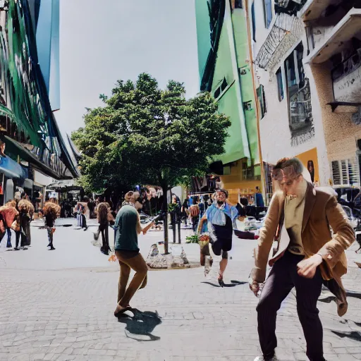 Prompt: men and women frolicking in the solarpunk utopia of the future street photography 2 3 mm