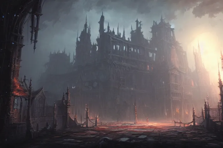 Image similar to collaborative environment concept art by Tyler Edlin, Andy Park, Feng Zhu, James Paick, Ryan Church, in the style of Bloodborne