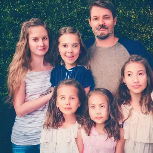 Prompt: photo of a father and his five daughters, very detailed faces, beautiful faces, perfect faces, high quality photograph, instagram