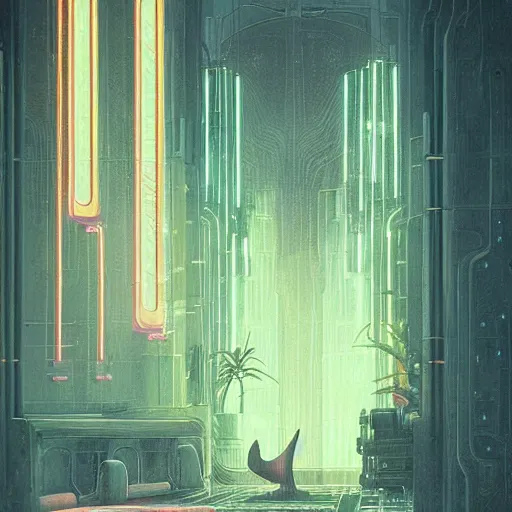 Prompt: futuristic art deco interior with arched windows, neon lights, hanging plants, cinematic, cyberpunk, lofi, calming, peaceful, vaporwave, detailed, dramatic, fantasy, by Moebius, by zdzisław beksiński, Fantasy LUT, epic composition,