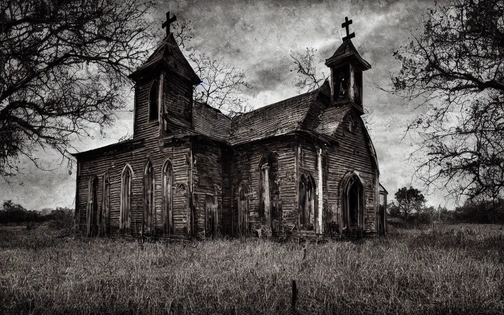 Image similar to an old wooden church rotting away in the bayou, realistic, old photograph, dynamic composition, creepy