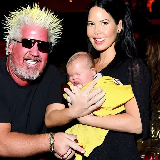 Prompt: olivia munn and guy fieri holding their baby