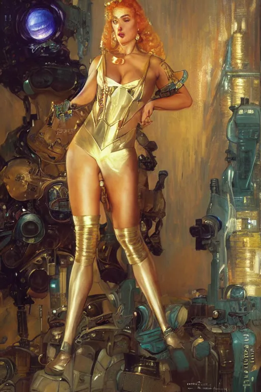 Image similar to full body portrait of a sci - fi business queen akimbo, highly detailed painting by gaston bussiere, craig mullins, j. c. leyendecker, 8 k, mid shot