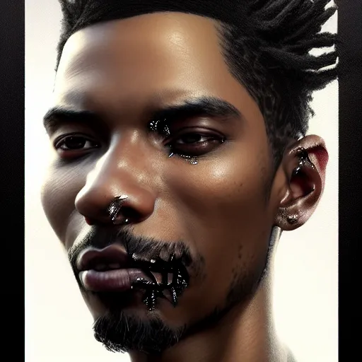 Image similar to portrait painting of a beautiful black man with blade scars and cropped hair wearing a tattered fancy black coat, ultra realistic, concept art, intricate details, eerie, highly detailed, photorealistic, octane render, 8 k, unreal engine. art by artgerm and greg rutkowski and charlie bowater and magali villeneuve and alphonse mucha